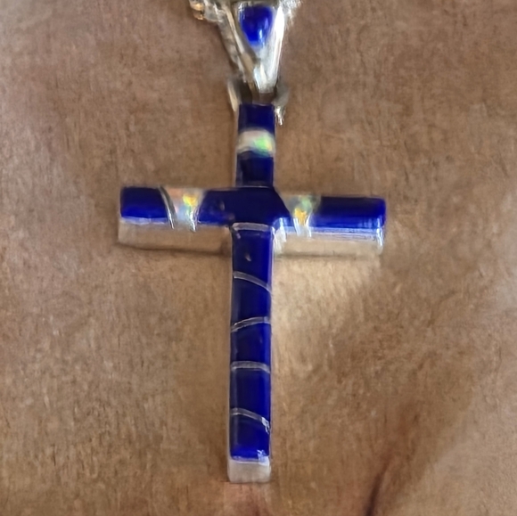 Sterling Silver Cross Pendant w/Lapis & Opal - Picture 16 of 16